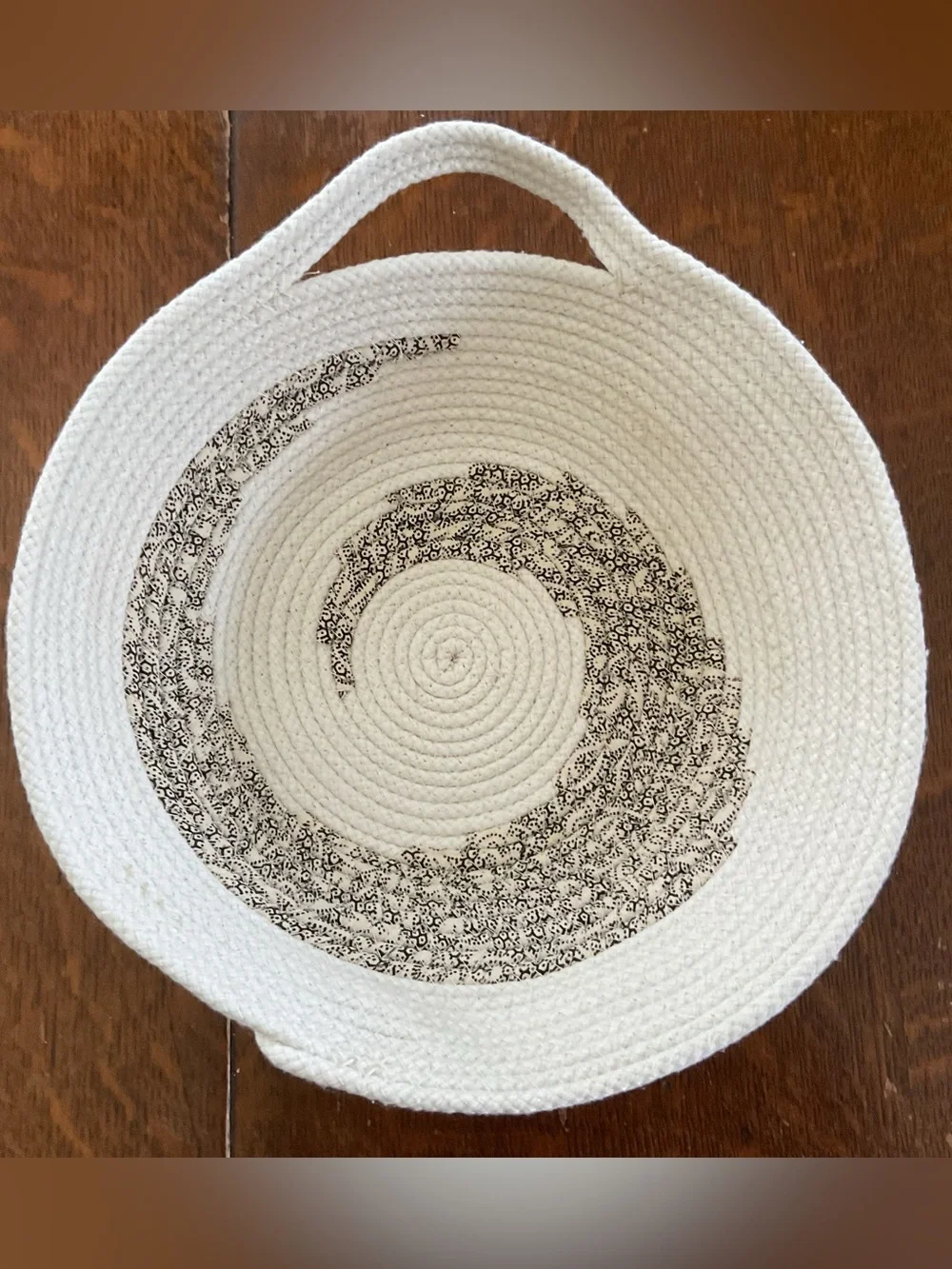 Handmade Coiled Cotton Rope & Fabric Wrapped Decorative Basket with Handles